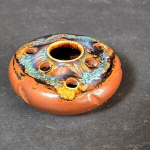 Ceramic Art Pottery Flower Frog Vase Hand Painted Floral Signed Unique Colorful